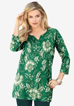 Plus Size Three-Quarter Sleeve Notch Neck Soft Knit Tunic