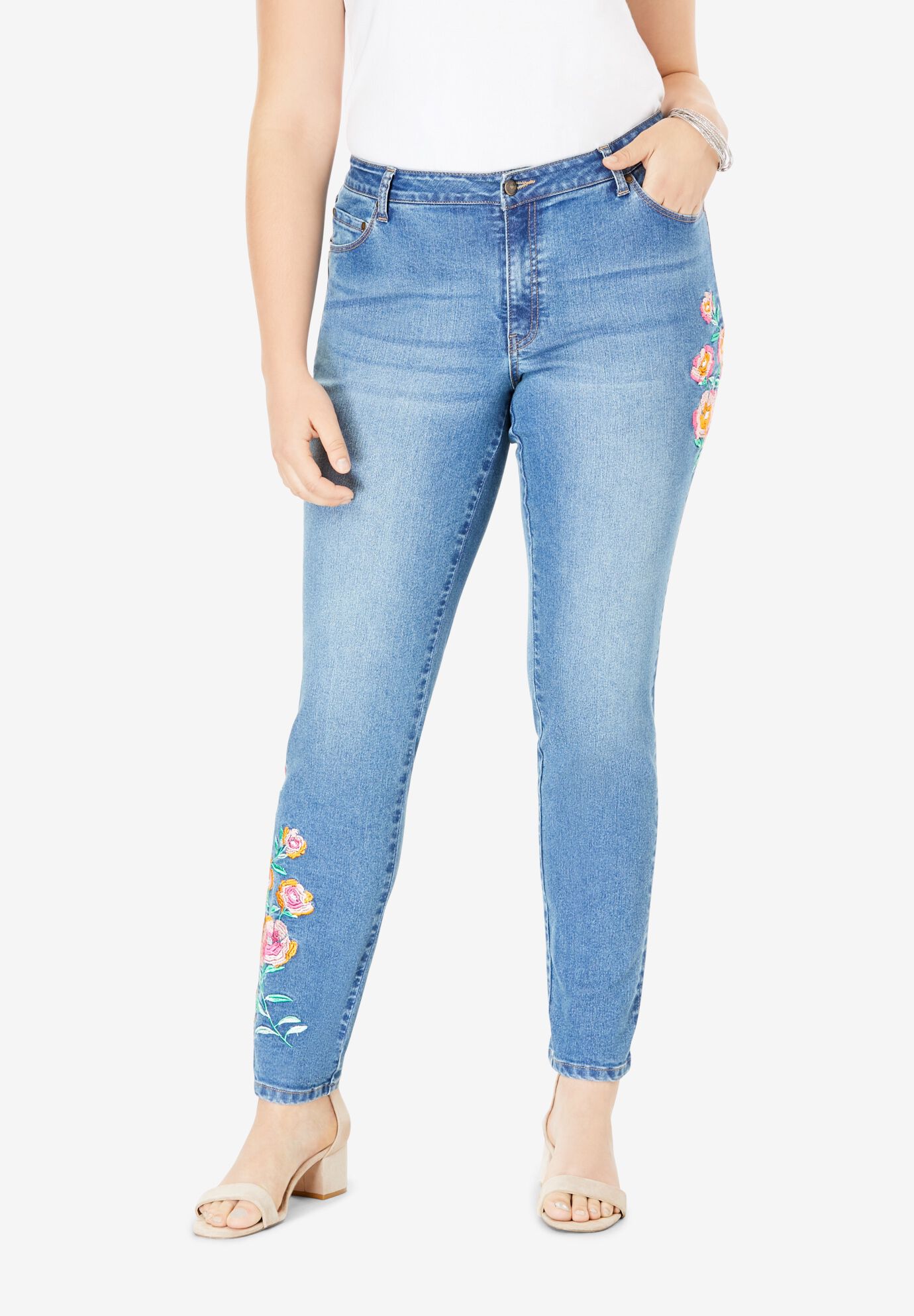 pearl embellished jeans plus size