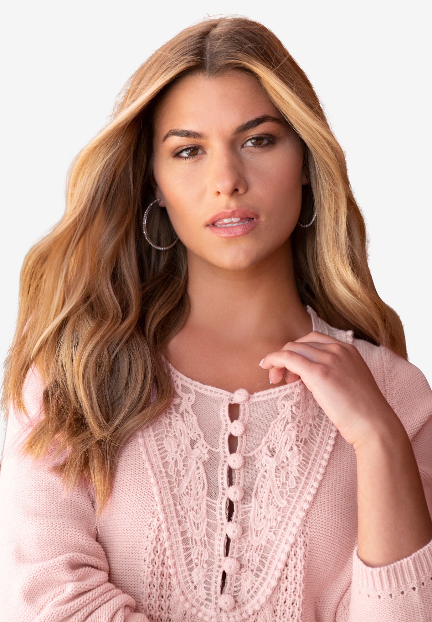 Plus Size Lace Yoke Pullover Sweater, , alternate image number 3