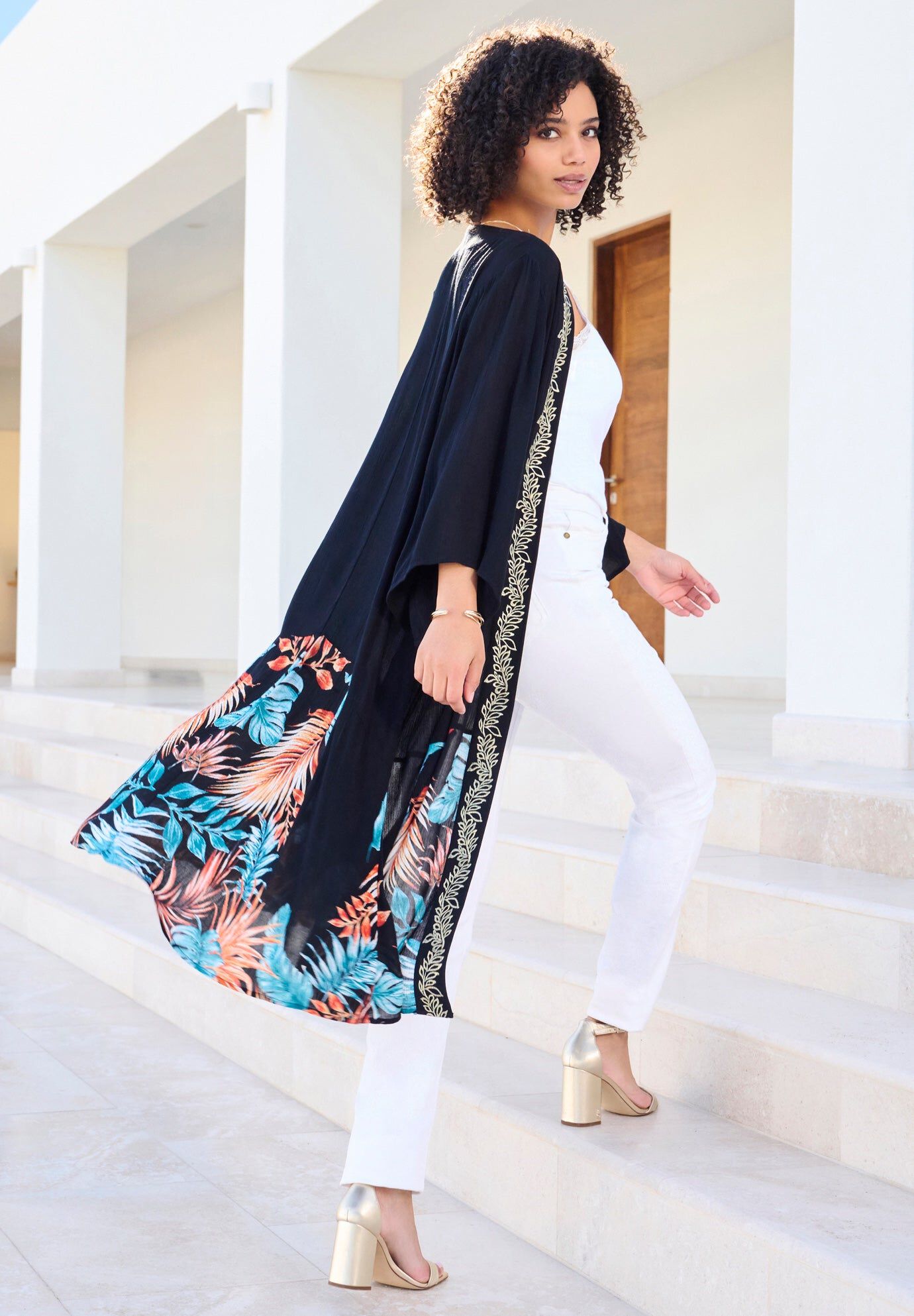 Embellished Crinkle Kaftan, BLACK PALM BORDER, hi-res image number 0