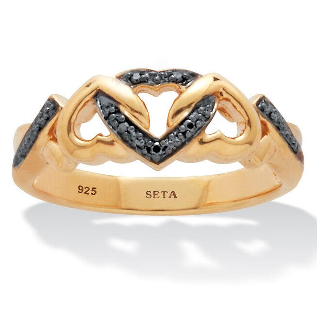 Black Diamond Accent 18K Yellow Gold-Plated Sterling Silver Hearts Promise Ring, BLACK, hi-res image number 0