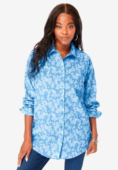 Plus Size Kate Long Sleeve Easy Cotton-Blend Button-Front Shirt