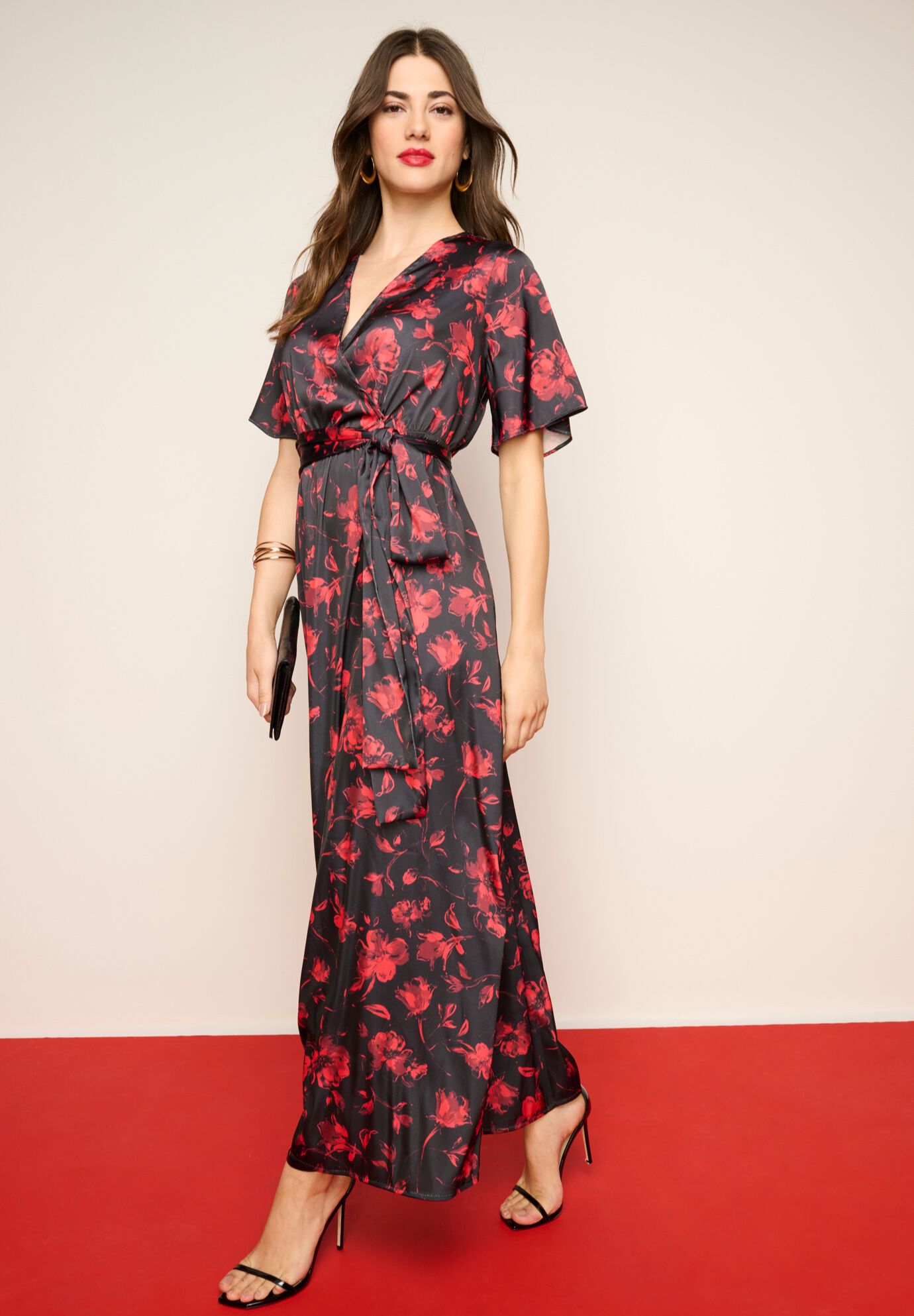 Stretch Satin Faux Wrap Dress, , alternate image number 2