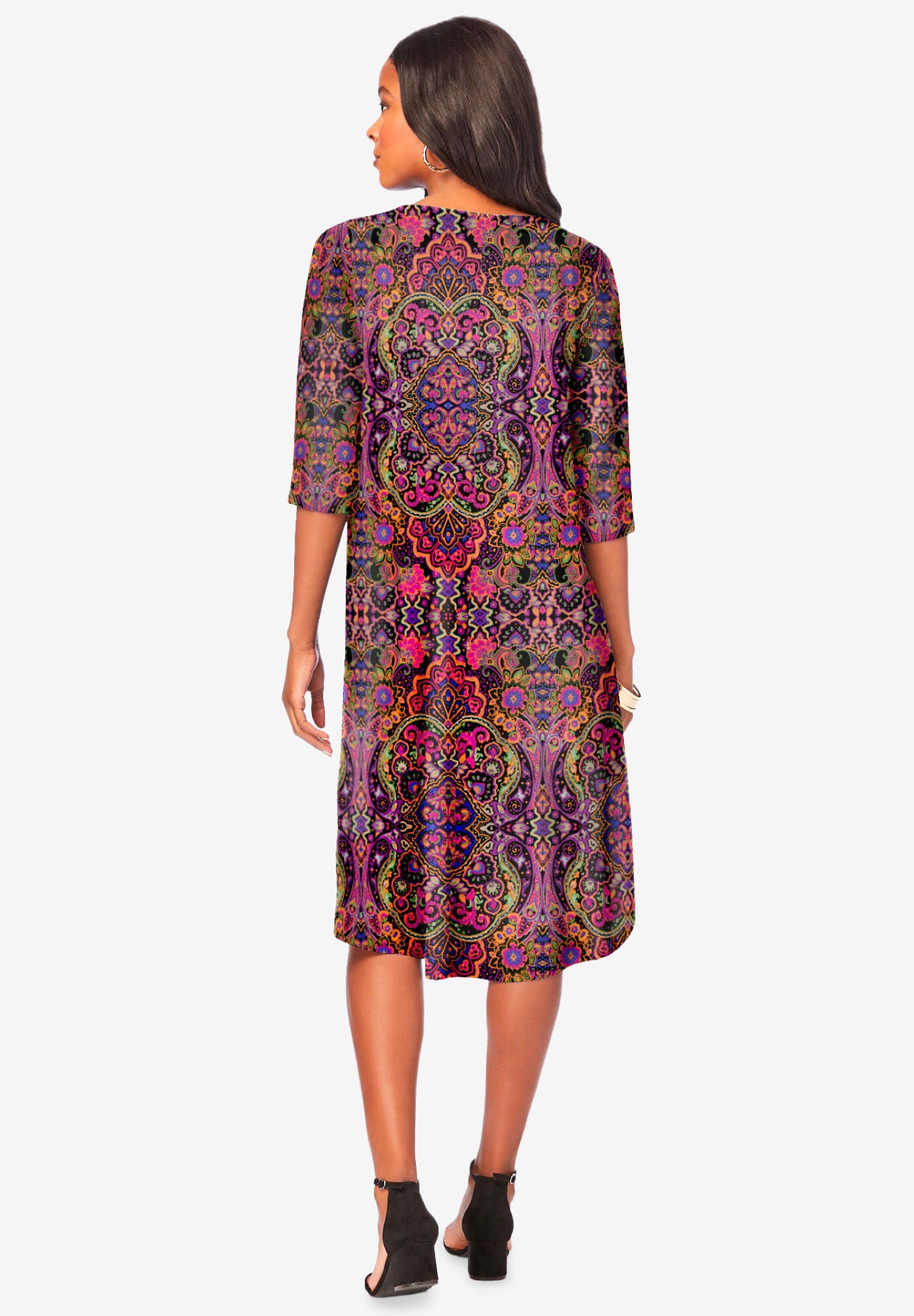 Plus Size 3/4 Sleeve Boatneck Swing Dress, BLUE MIRRORED MEDALLION, on-hover image number 1