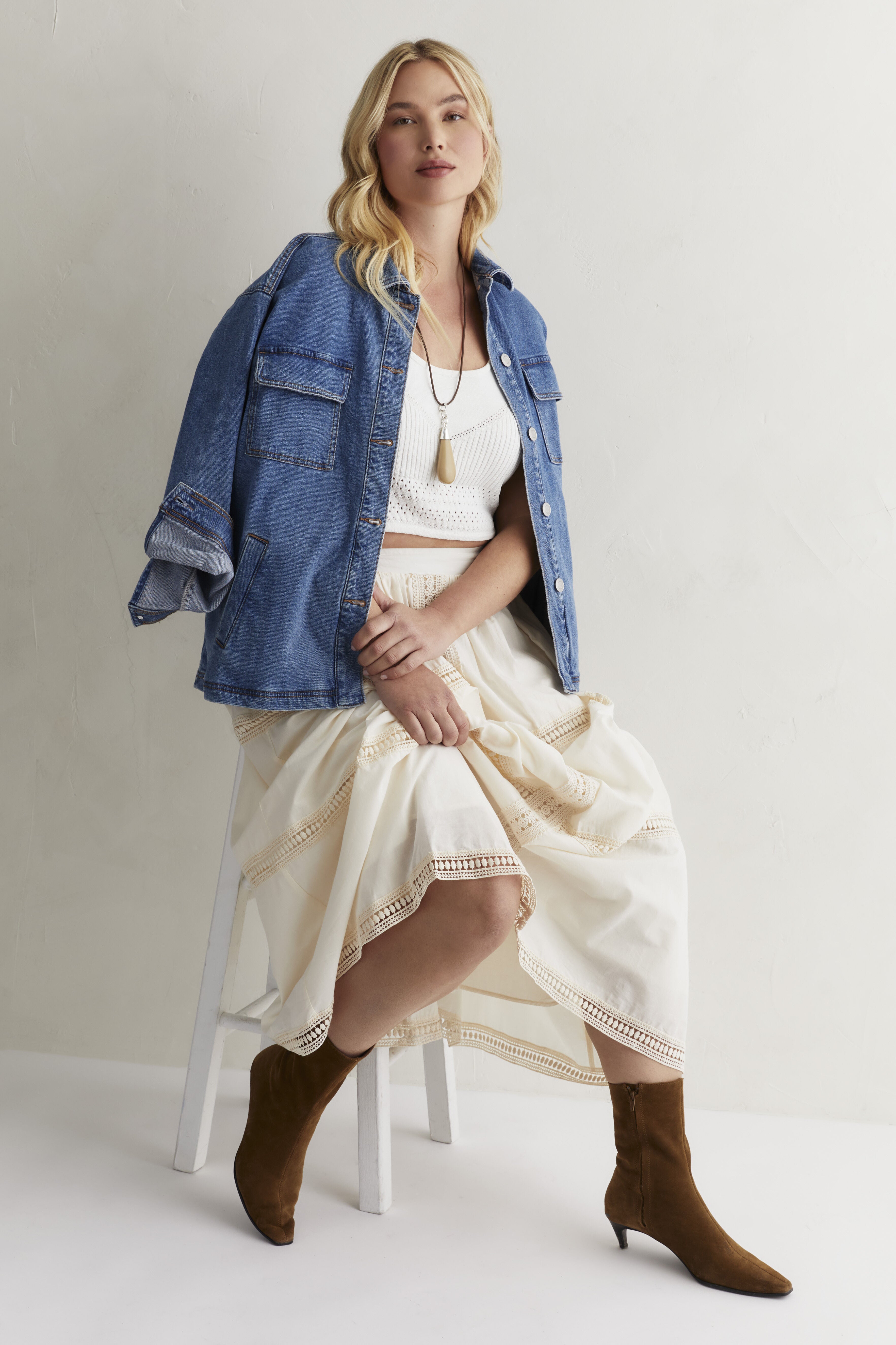 Lace Insert Midi Skirt, WARM CREAM, alternate image number 2