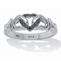 Black and White Diamond Interlocking Hearts Platinum-plated Sterling Silver Ring