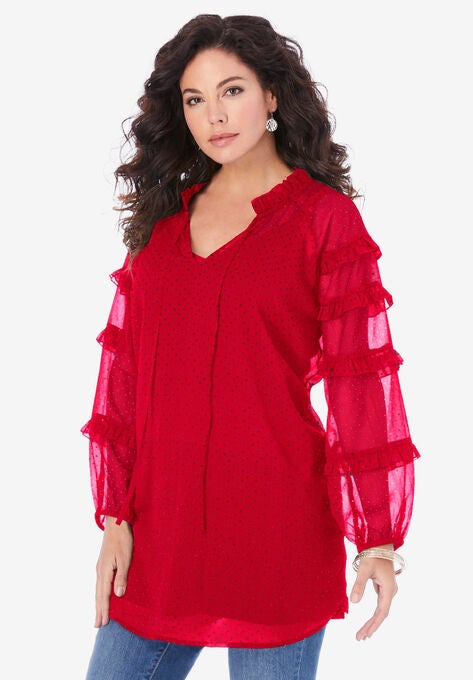 Ruffle Blouse, VIVID RED POLKA DOT, hi-res image number null