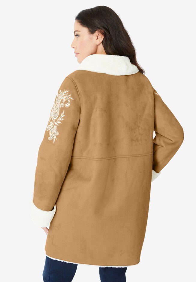 Embroidered Faux Shearling Coat., , on-hover image number null