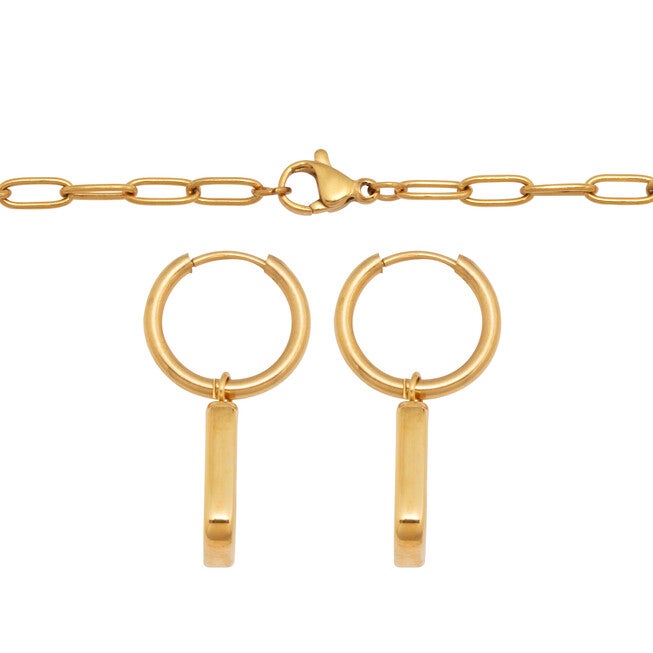 Genuine Mother of Pearl Yellow Gold Ion-Plated Stainless Steel Drop Jewelry Set, WHITE, on-hover image number 1