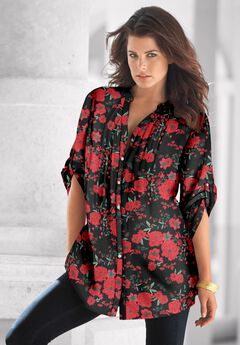 Plus Size Floral Y-Neck Pintuck Tunic – Adjustable Long Sleeve Button-Front, Relaxed Shirt Style