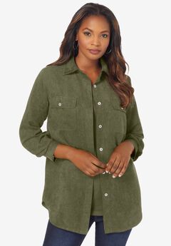 Extended Plus Size Faux Suede Button-Front Shirt