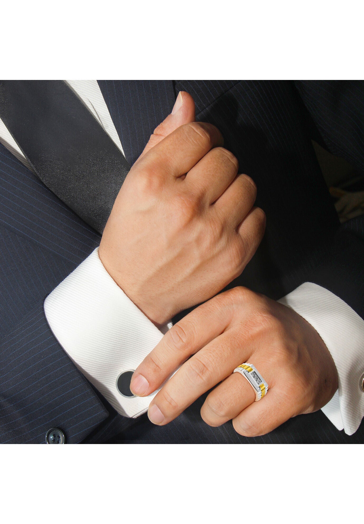 Men&#39;S Yellow Gold Over Silver Diamond Accent Miracle-Set 3 Stone Ridged Band Ring, , alternate image number 5