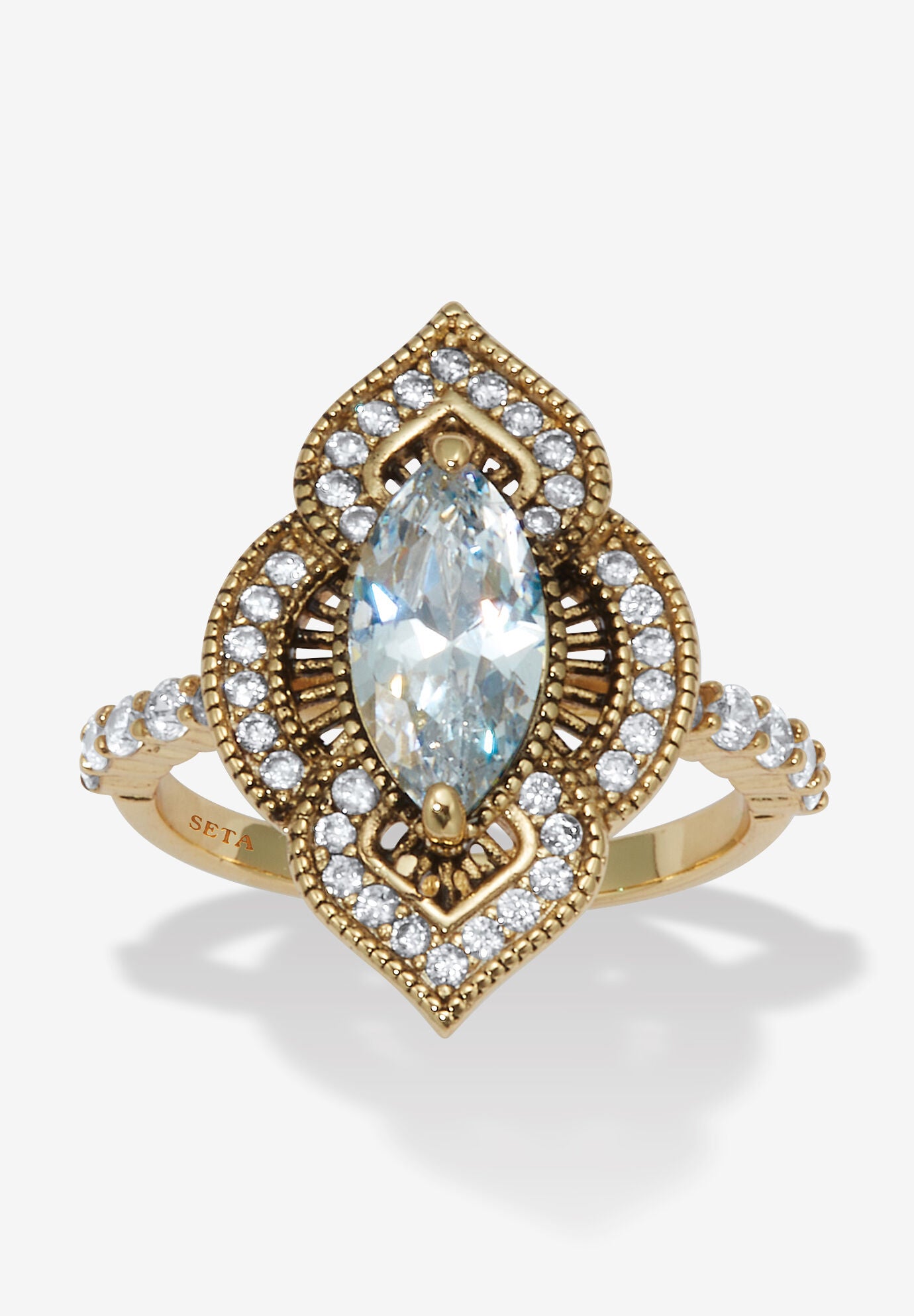 2.67 Tcw Marquise Cut Cubic Zirconia 14K Yellow Gold-Plated Antiqued Ring, GOLD, hi-res image number 0