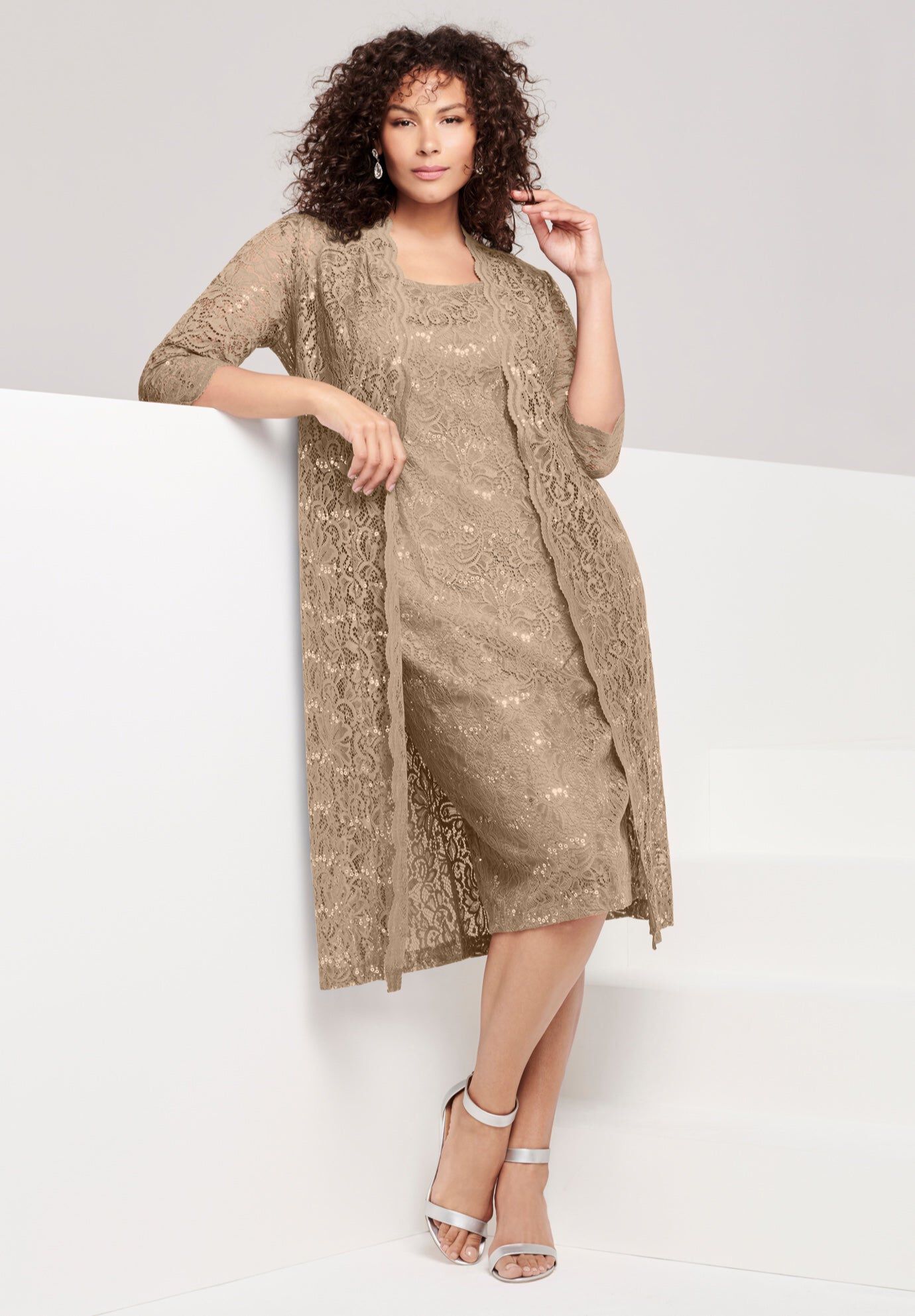 Extended Plus Size 3/4 Sleeve Formal Duster Sequin &ndash; Embellished Lace Dress Set, SPARKLING CHAMPAGNE, hi-res image number 0