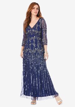 Plus Size Beaded V-Neck 3/4 Sleeve Sleeve Maxi Gown