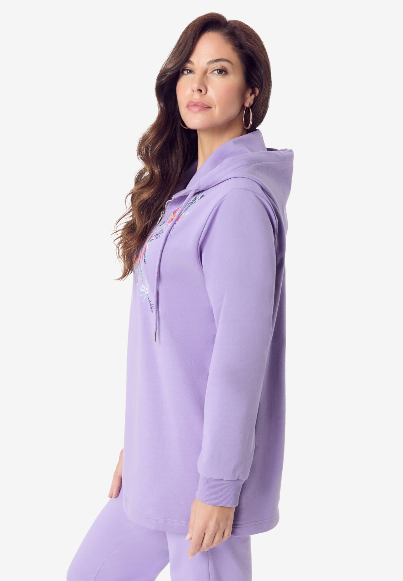 Embroidered French Terry Hoodie, LAVENDER MULTI EMBROIDERY, alternate image number 2