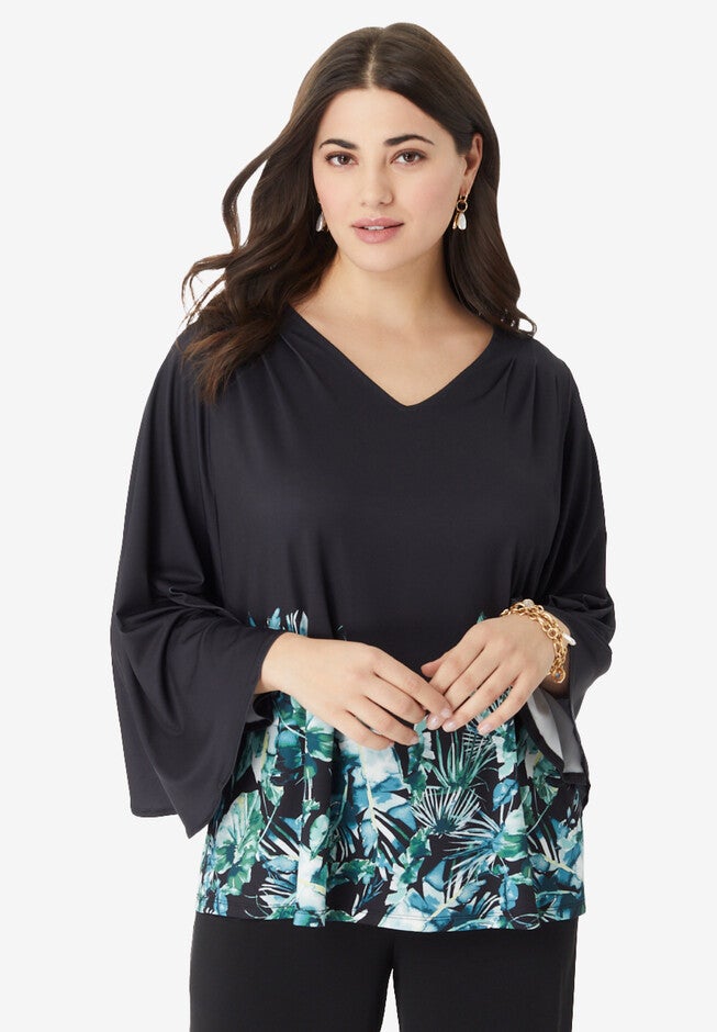 Flutter-Sleeve Ultrasmooth® Fabric Top, TROPICAL LEAVES BORDER, hi-res image number null