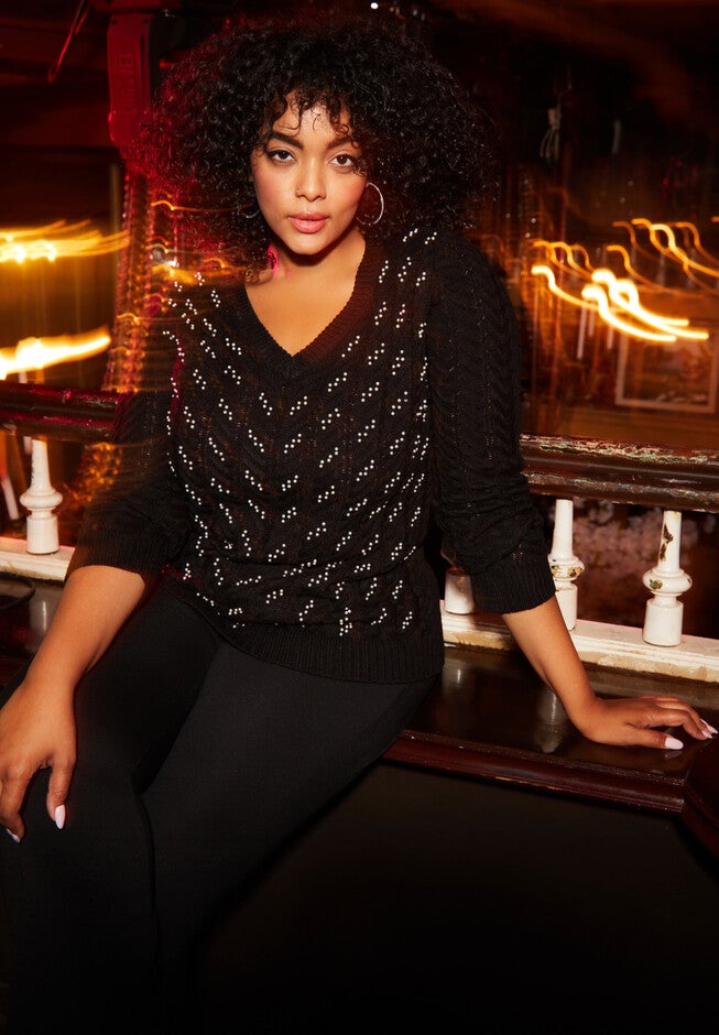Embellished Sweater, BLACK PEARL CHEVRON, hi-res image number null