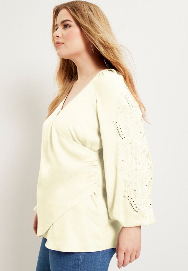 Embroidered V-Neck Wrap Blouse, , alternate image number null