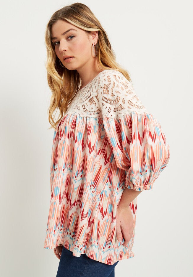 Blouson-Sleeve Crochet Yoke Blouse., , alternate image number null