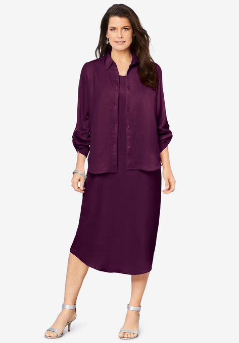 Three-Quarter Sleeve Jacket Dress Set with Button Front, DARK BERRY, hi-res image number null