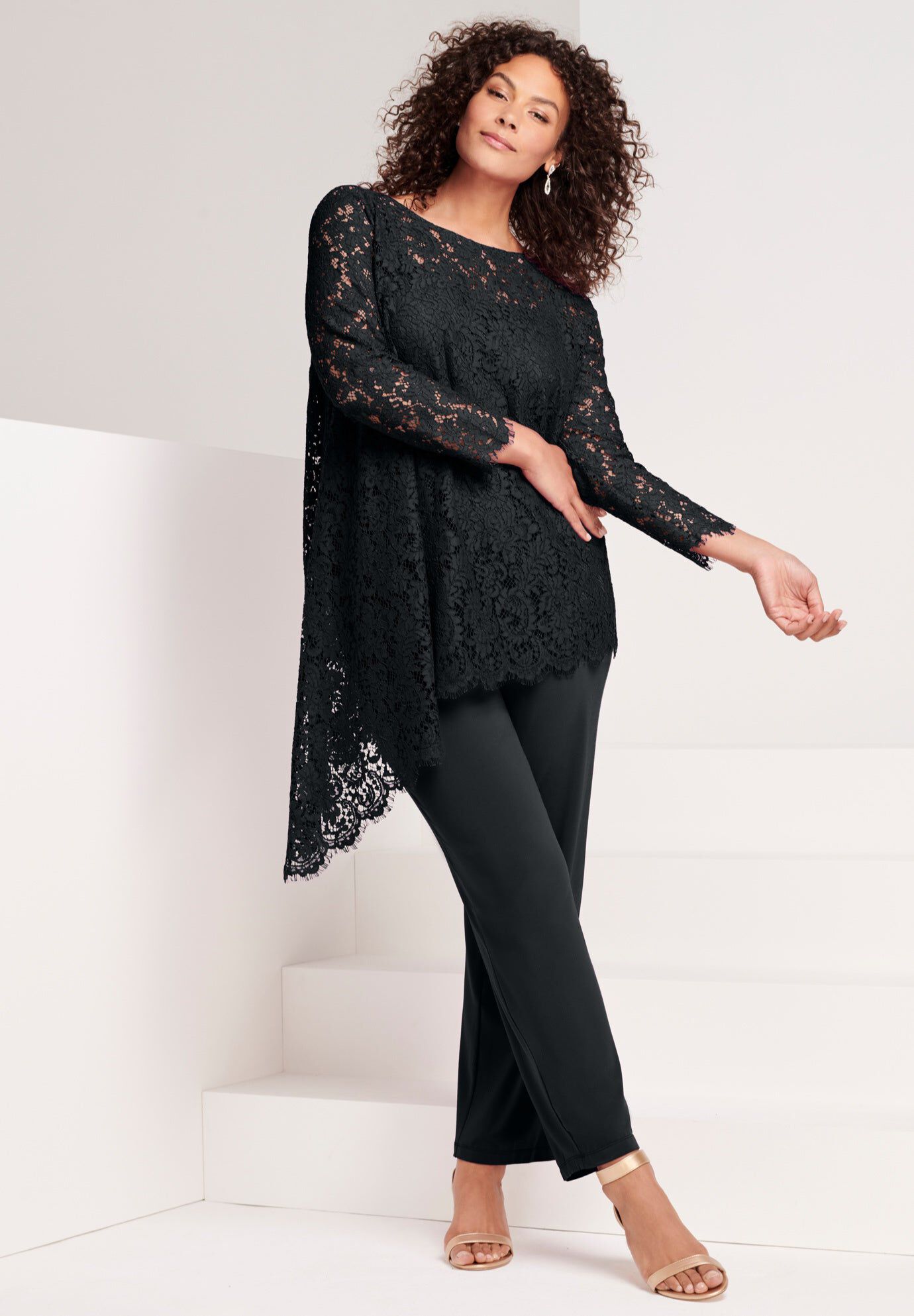 Extended Plus Size Asymmetrical Lace Pant Set &ndash;Long Sleeve Lace Scalloped Tunic & Elastic Waist Pants, BLACK, hi-res image number 0