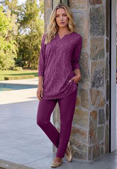 Plus Size Three-Quarter Sleeve Notch Neck Soft Knit Tunic
