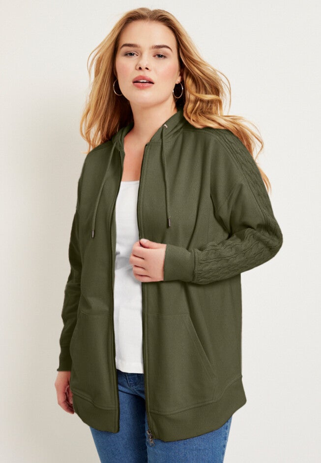 Cable-Knit Zip-Up Sweatshirt, DARK OLIVE GREEN, hi-res image number 0