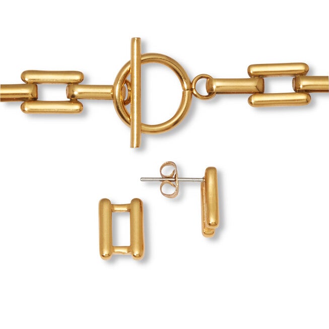 Yellow Gold Ion-Plated Stainless Steel Square Link Jewelry 3-Piece Set, GOLD, on-hover image number 1