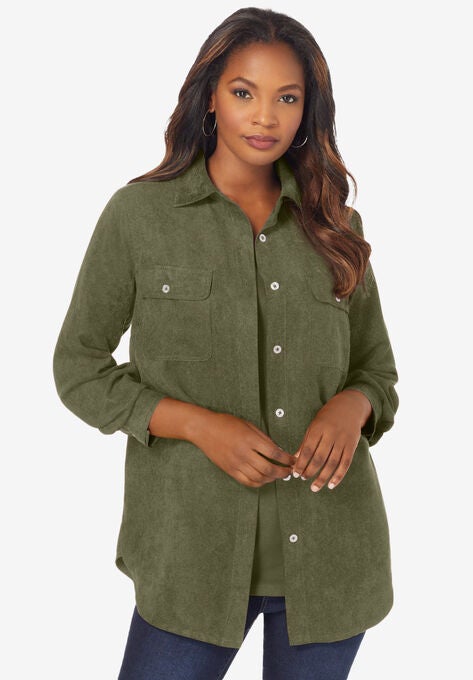 Faux Suede Big Shirt, DARK OLIVE GREEN, hi-res image number null