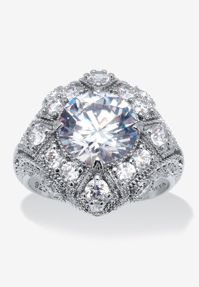 5.50 Tcw Round Cubic Zirconia Platinum-Plated Sterling Silver Cluster Ring, SILVER, hi-res image number null