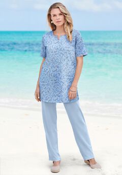 Plus Size Soft Knit Print Tunic with Notch Neckline