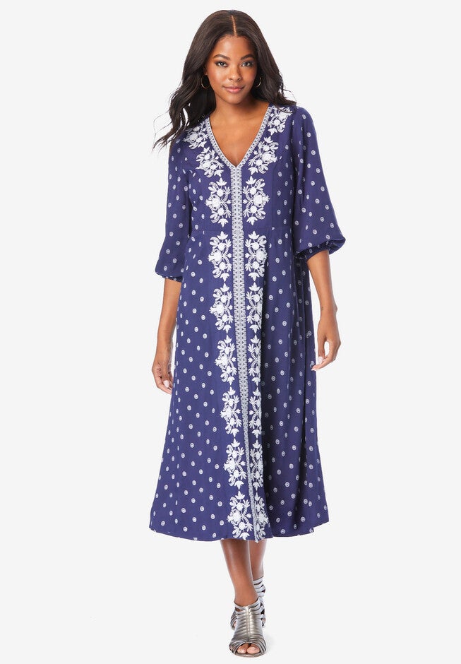 Embroidered Long Dress, NAVY MEDALLION EMBROIDERY, hi-res image number null