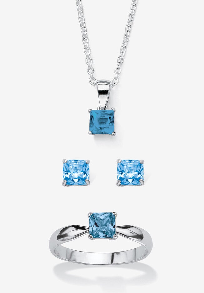 3-Piece Birthstone .925 Silver Necklace, Earring And Ring Set 18 inches, MARCH, hi-res image number null