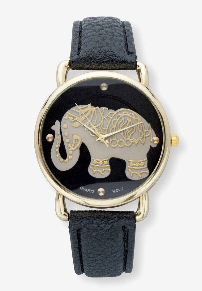 Gold Tone Grey and Black Elephant Watch With Black Faux Leather Strap 8 inches, GOLD, hi-res image number 0