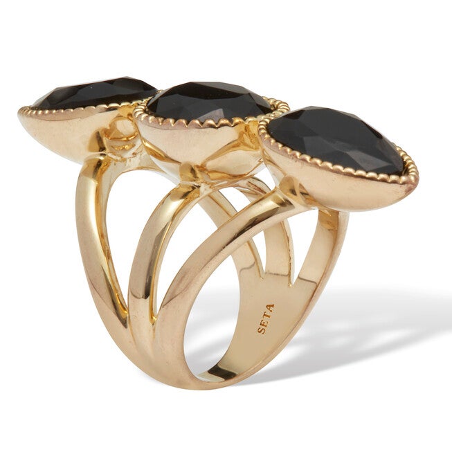 3-Stone Goldtone Onyx Cocktail Ring, BLACK, on-hover image number 1