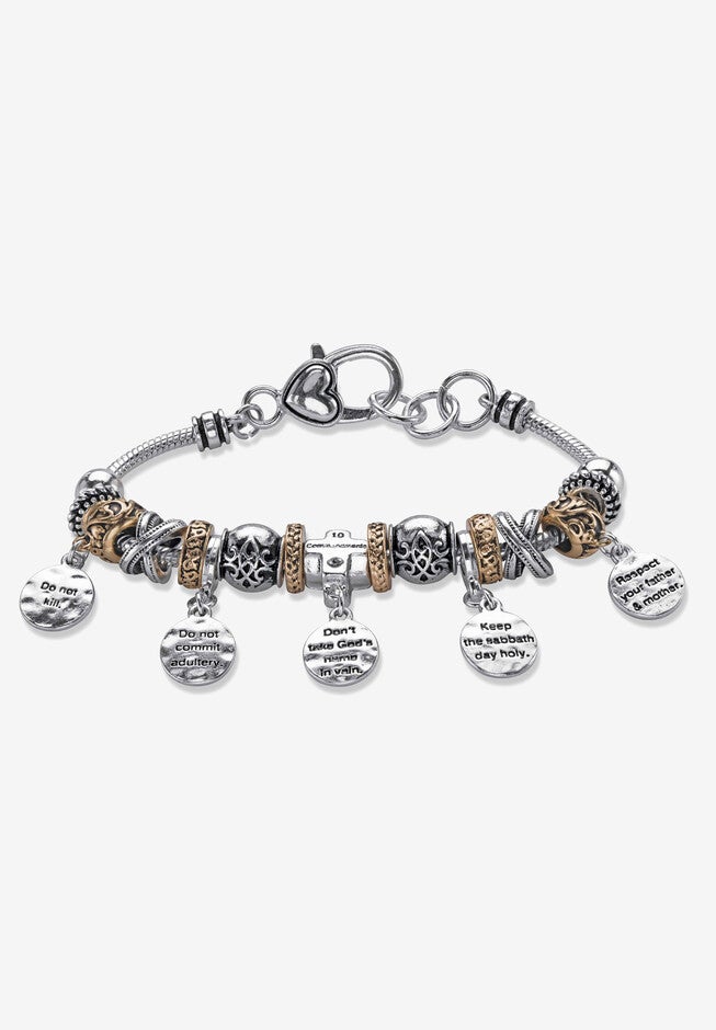 Silver Tone 10 Commandments Charm Bracelet Lucite 7.5 inches plus 1 inches ext, SILVER, hi-res image number 0