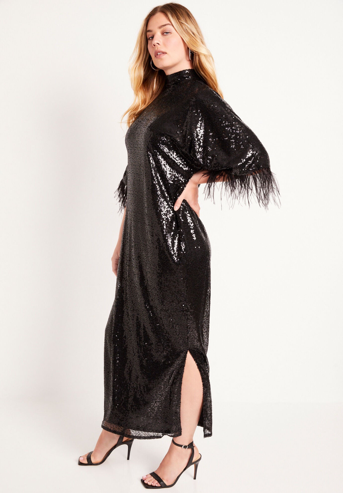 Feather Trim Kimono Sequin Dress, , alternate image number 2