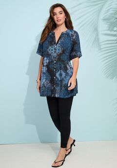 Plus Size Angelina Crinkle Crepe Y-Neck Short Sleeve Tunic