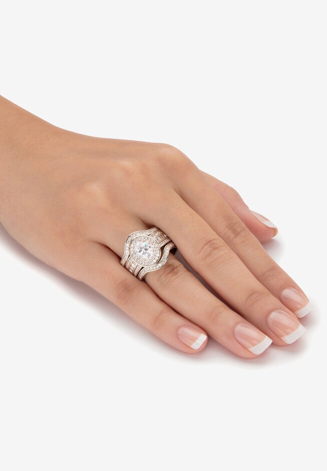 2.60 Cttw. Oval Cubic Zirconia Platinum-Plated Halo Scalloped Wedding Ring Set, , alternate image number 2