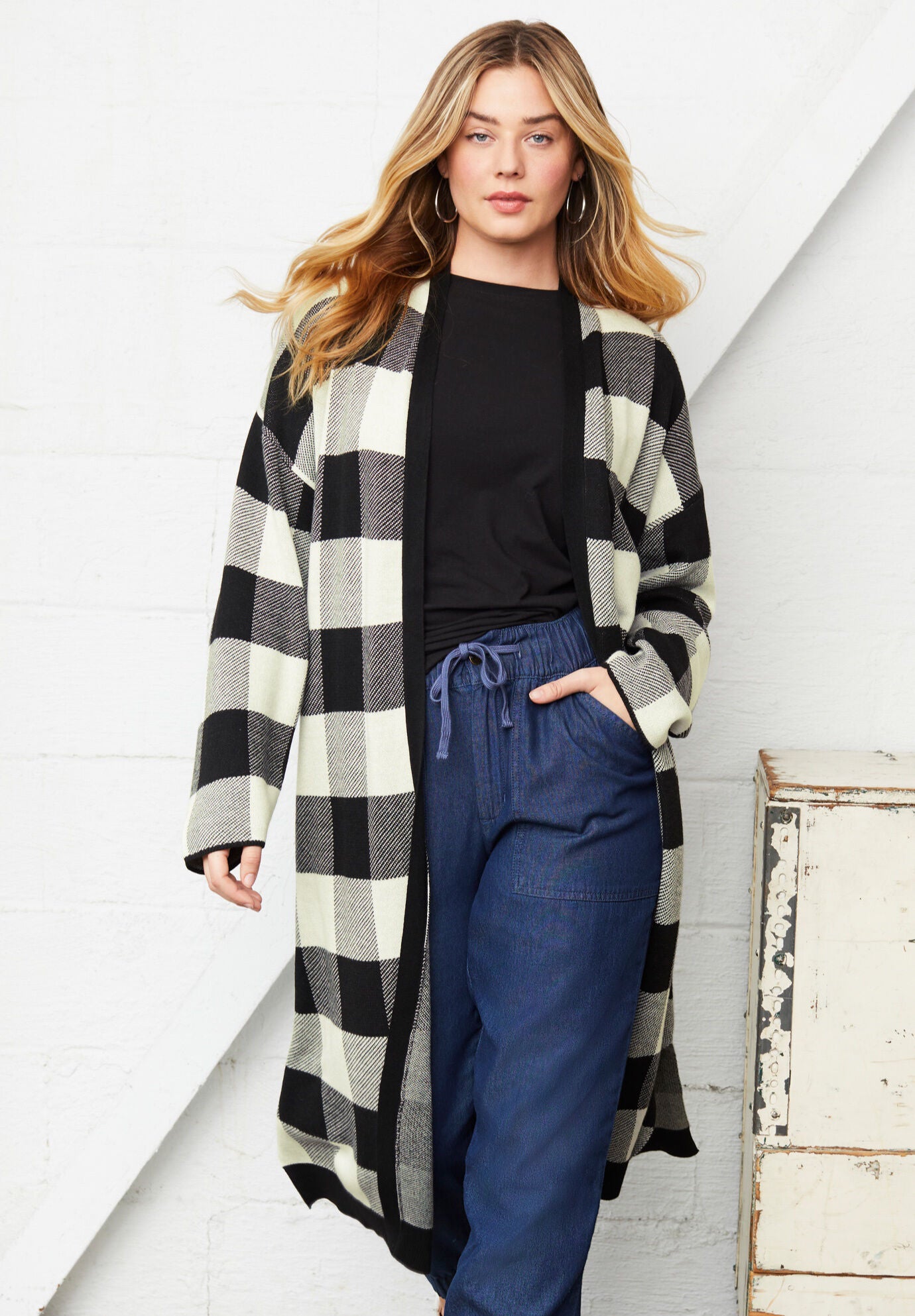 Open-Front Cardigan, BLACK IVORY BUFFALO, hi-res image number 0