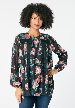 Lace-Trim Blouson-Sleeve Top