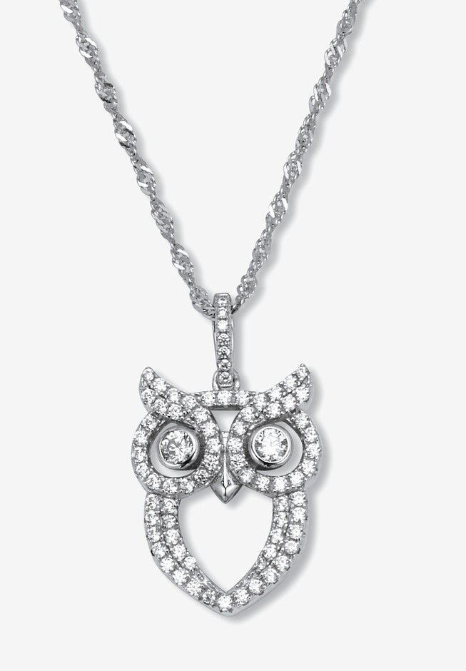 .70 Tcw Round Cubic Zirconia Silvertone Owl Pendant Necklace, 18-Inch Length, WHITE, hi-res image number null