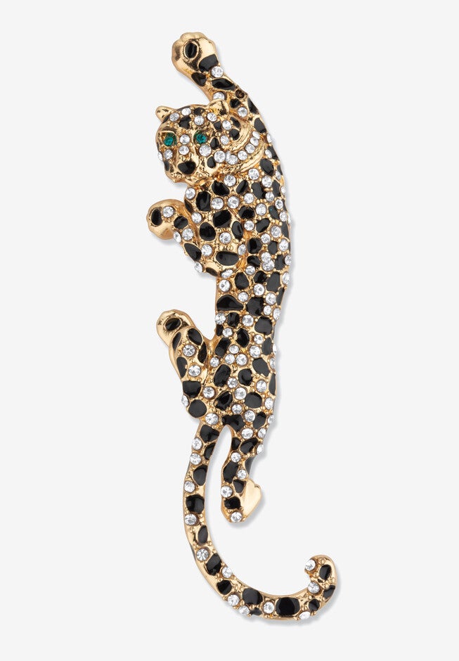 Black With White & Green Crystal Leopard Pin Goldtone 4 inches Length, CRYSTAL, hi-res image number 0
