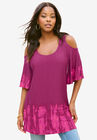 Cold-Shoulder Ultra Femme Tunic, RASPBERRY TIE DYE BORDER, hi-res image number null