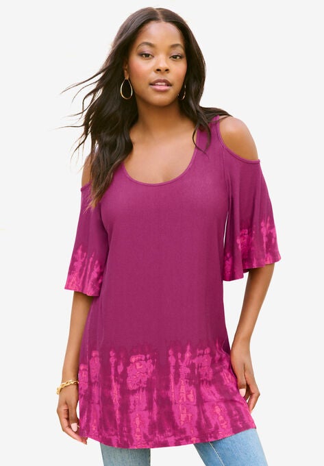 Cold-Shoulder Ultra Femme Tunic, RASPBERRY TIE DYE BORDER, hi-res image number null