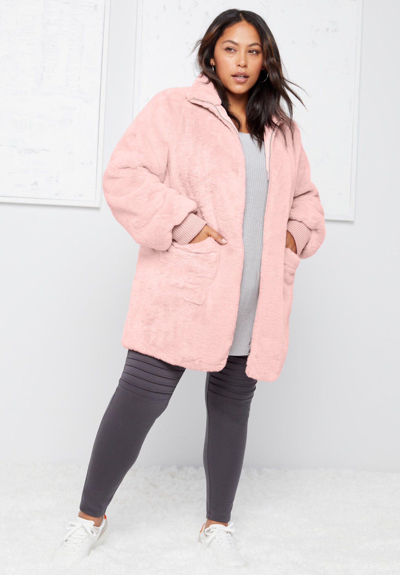 Zip-Up Faux Fur Jacket, SOFT BLUSH, hi-res image number 0