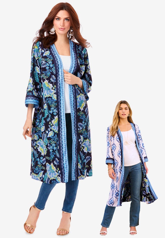 Reversible Printed Georgette Duster, IKAT MEDALLION FLORAL, hi-res image number 0