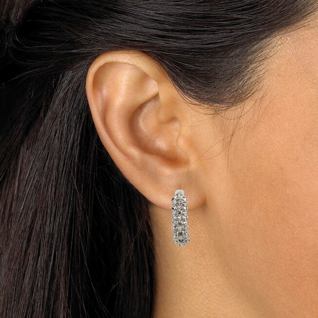 1/10 TCW Ice Diamond Huggie-Hoop Earrings in Platinum-plated Sterling Silver, WHITE, alternate image number 2