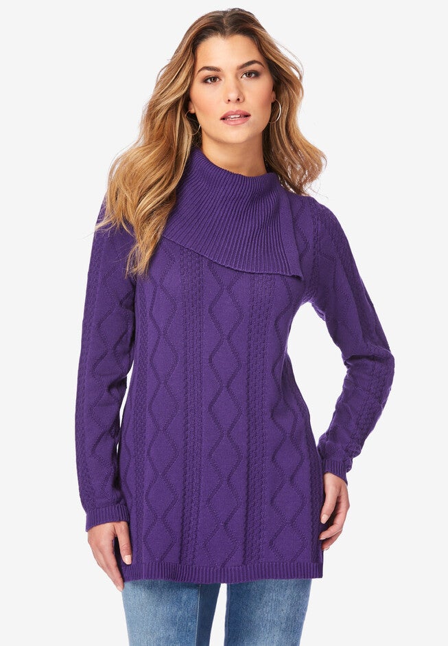 Diamond-Stitch Cowlneck Sweater, MIDNIGHT VIOLET, hi-res image number null